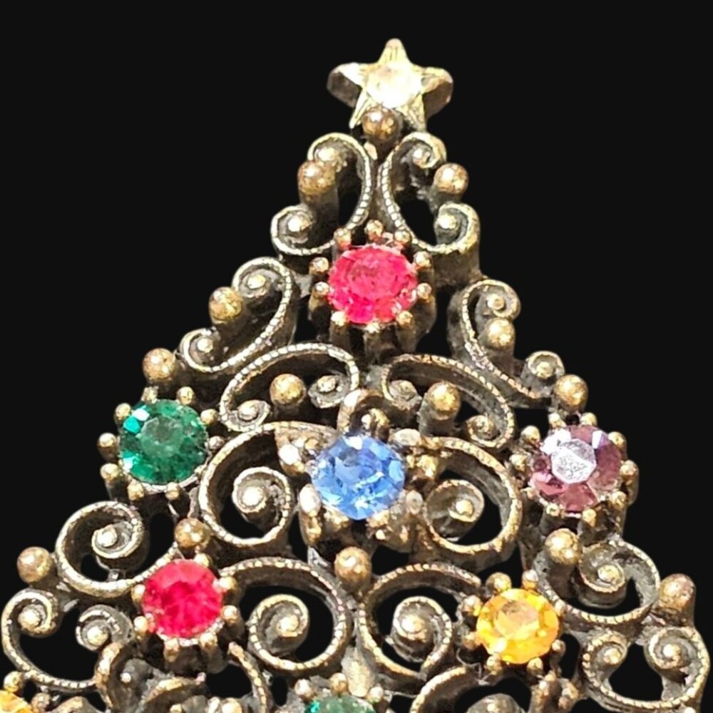 Vtg Signed JJ Gold Tone Christmas Tree Brooch Pin Multi Color Rhinestones MCM - Picture 5 of 8